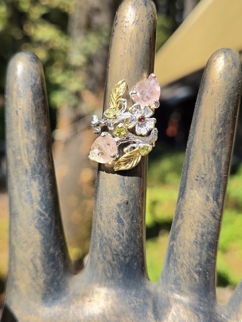 Pink Tourmaline Peridot & Garnet Sterling & Gold Finger Cuff Sz6 - Picture 3 of 11
